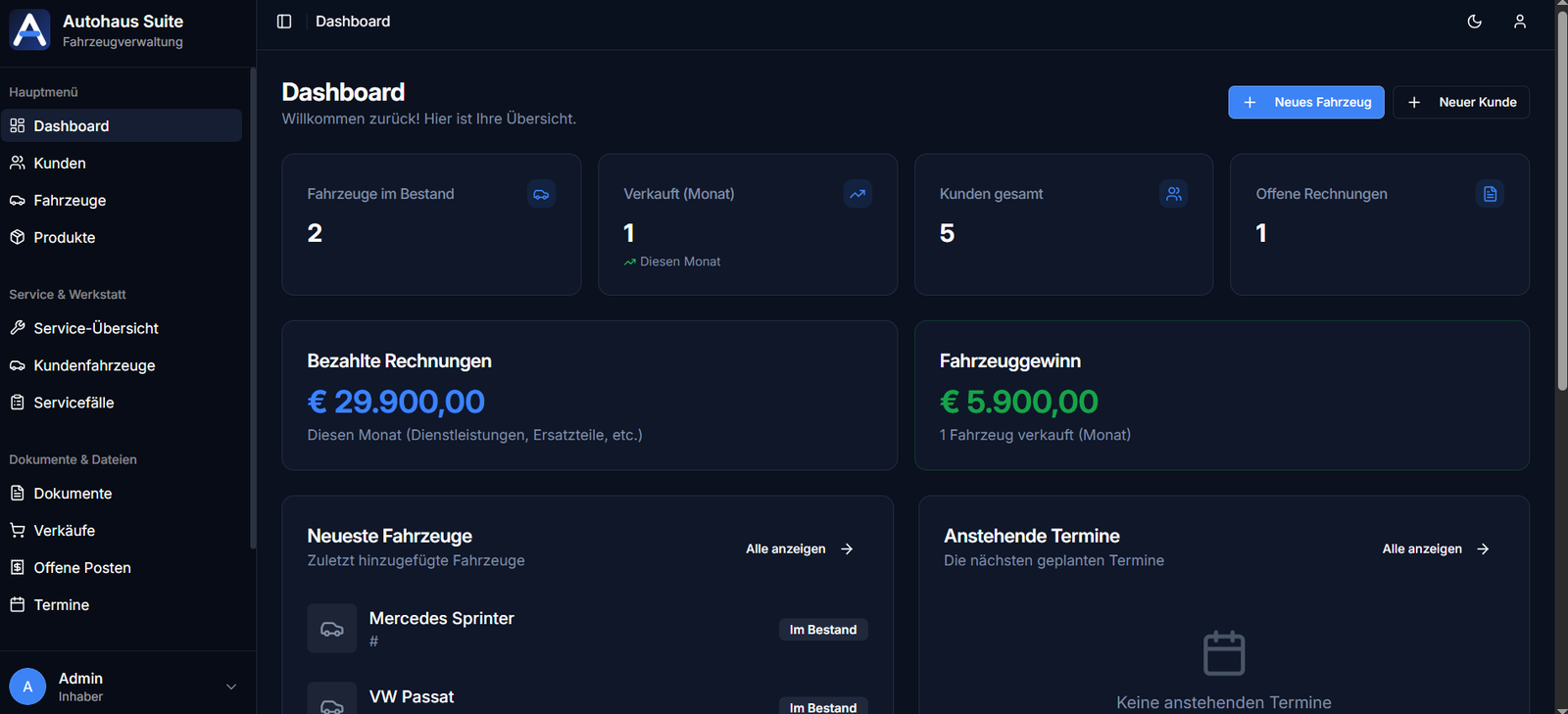 Autohaus Suite Dashboard &ndash; KFZ-Software f&uuml;r Werkst&auml;tten, Autoh&auml;ndler und Gebrauchtwagenh&auml;ndler