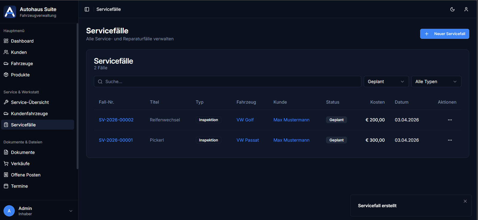 Autohaus Suite Servicef&auml;lle &ndash; Werkstatt-Auftr&auml;ge mit Reparaturtyp, Fahrzeug, Kunde und Status