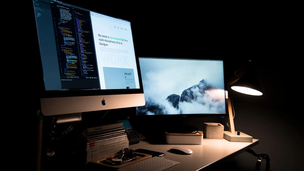Arbeitsplatz mit zwei Bildschirmen, Code und Website im Aufbau