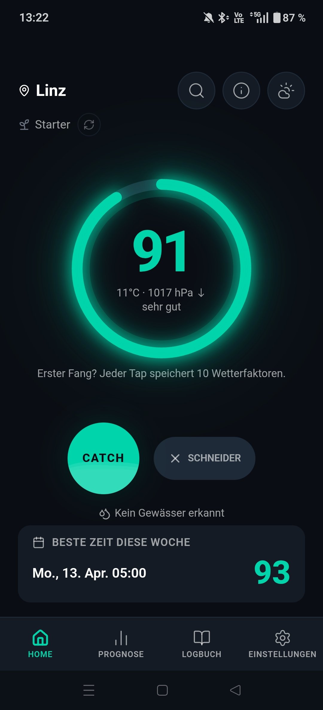 Catchy App – Karpfen Beißzeit Score mit Echtzeit-Wetterdaten