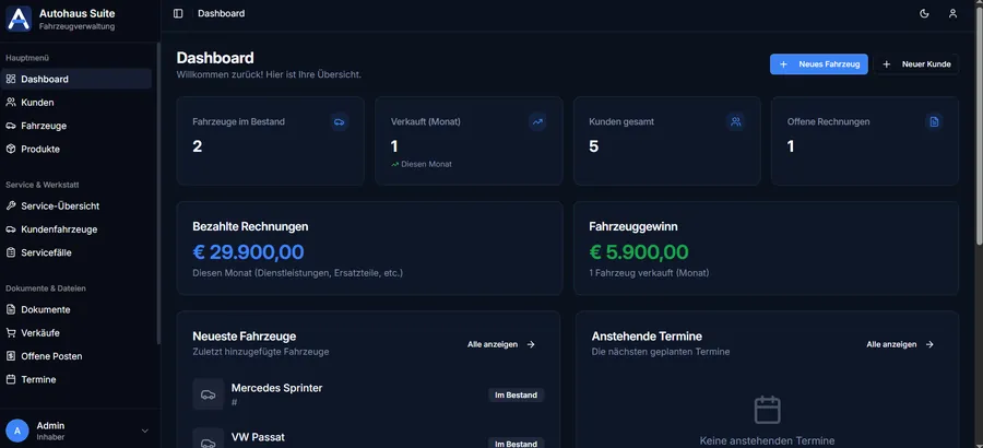 Autohaus Suite Dashboard – KFZ-Software für Autohändler und Gebrauchtwagenhändler