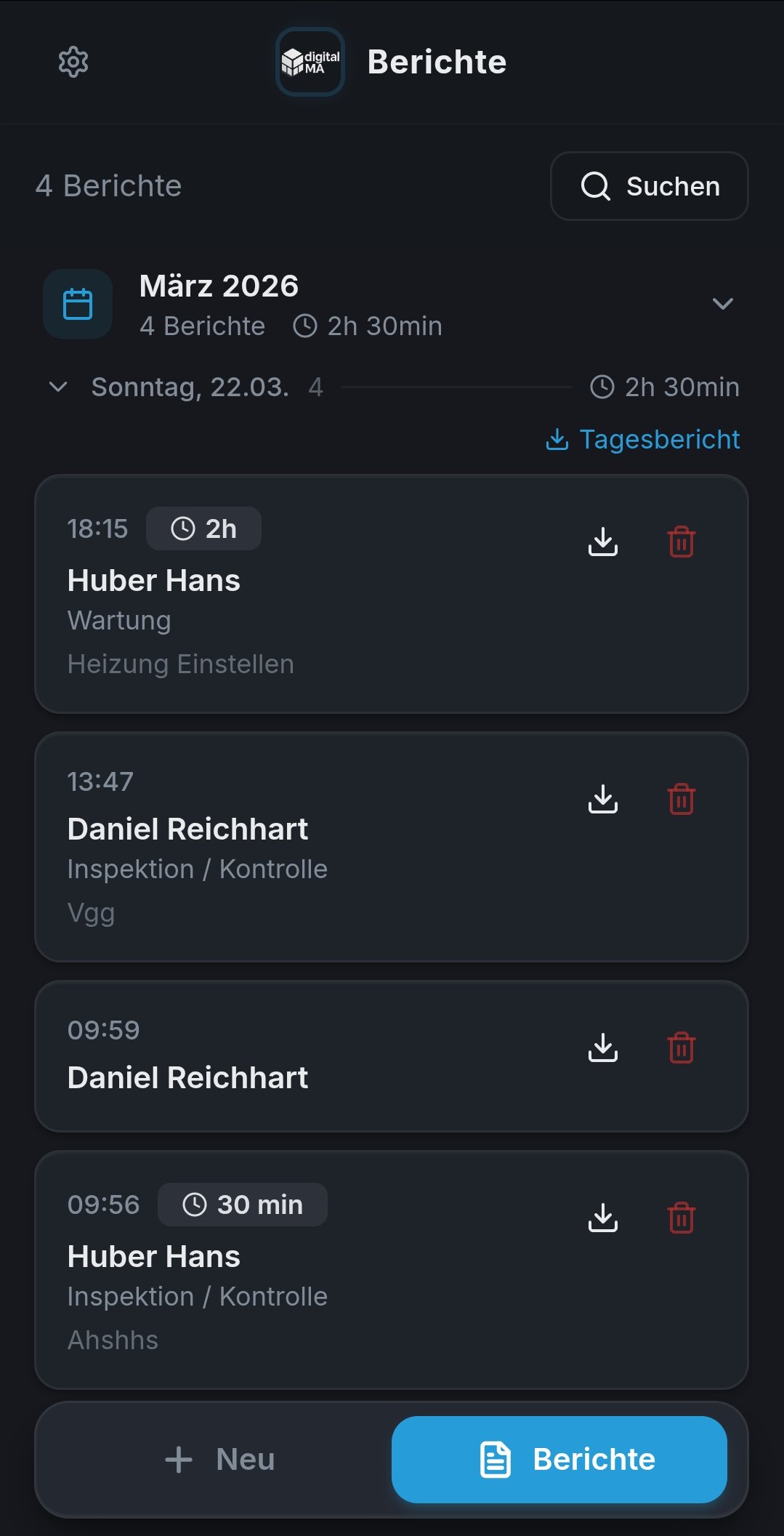 NACHWEIS App Berichtsübersicht – alle Arbeitsnachweise auf einen Blick