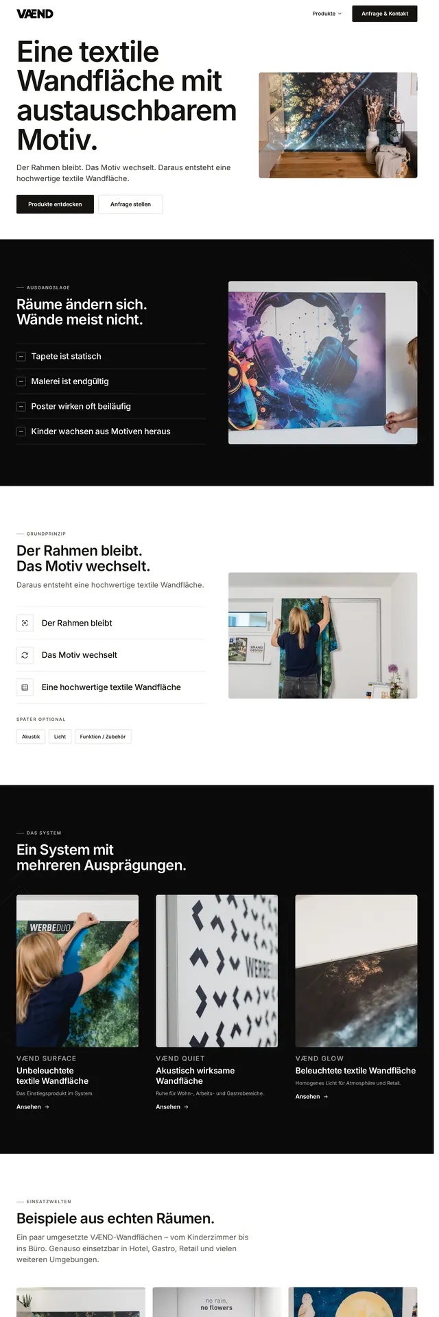 Website VÆND – textile Wandfläche mit austauschbarem Motiv