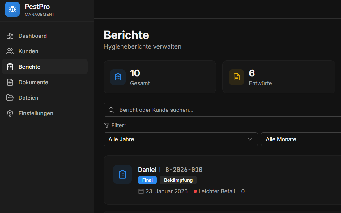 Digitale Software zur Schädlingsbekämpfung mit Kundenverwaltung, Einsatzübersicht und digitalen Berichten