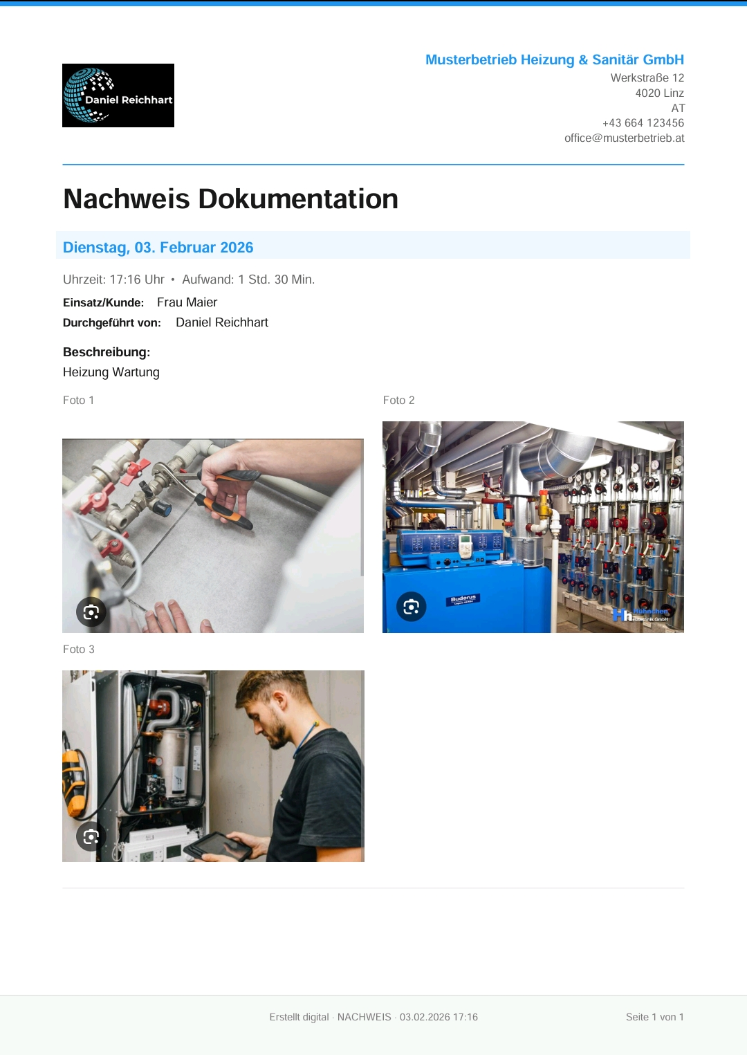 Beispiel eines Arbeitsnachweises mit Fotodokumentation als PDF für Handwerker